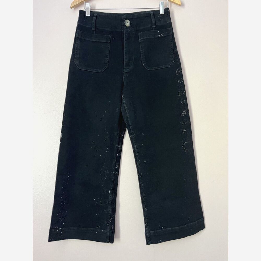 Anthropologie Maeve Colette Sparkle Crop High Rise Wide Leg Jeans Sz 28 Black - Picture 3 of 12